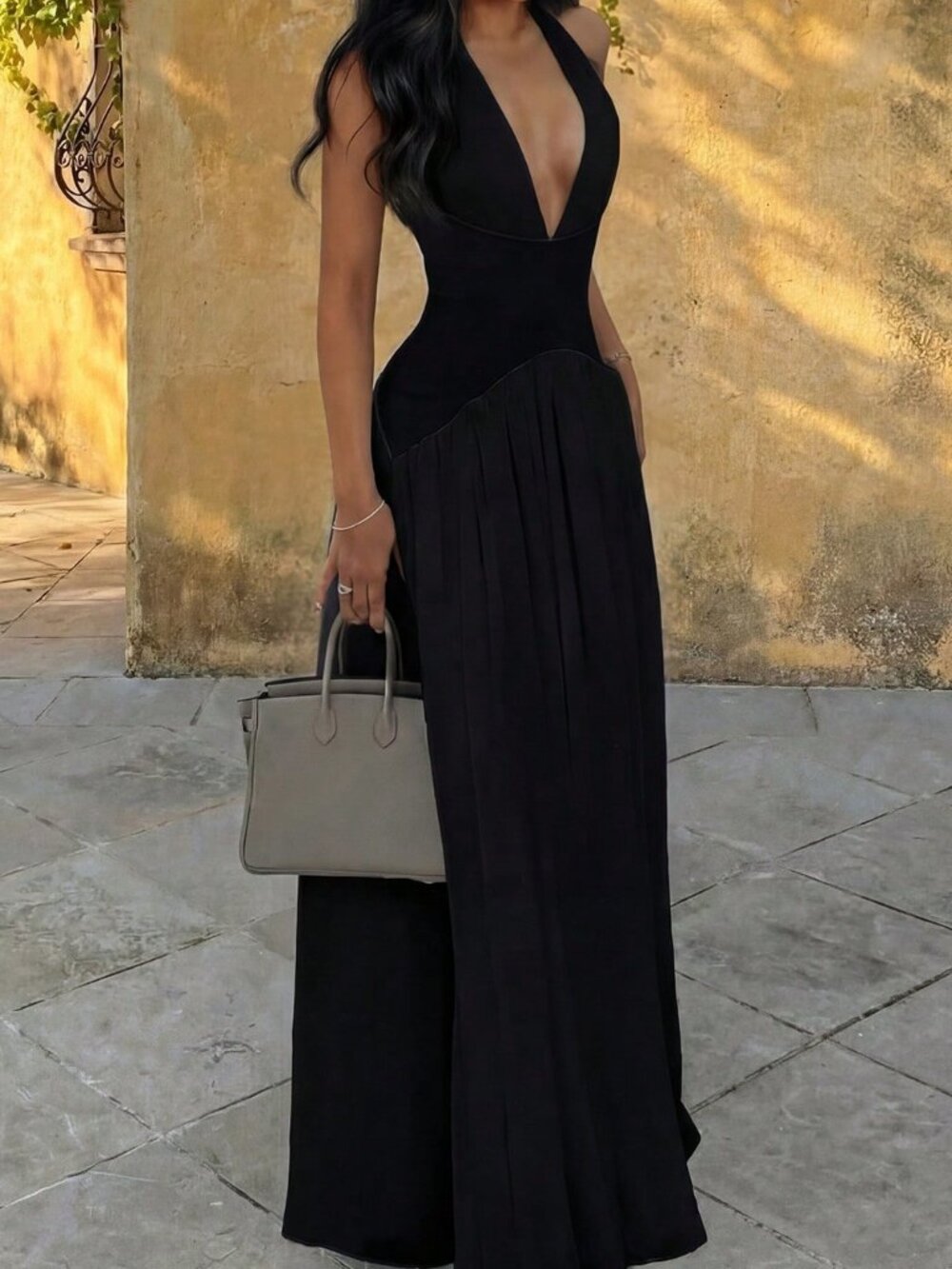 Black Casual Women's Backless Halter Neck Patchwork Long A-Line Dress
